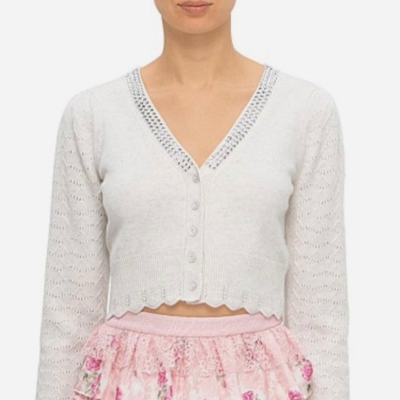 LoveShackFancy Brynner Soft Wool Cashmere Crystal Embellished Cardigan Sweater
